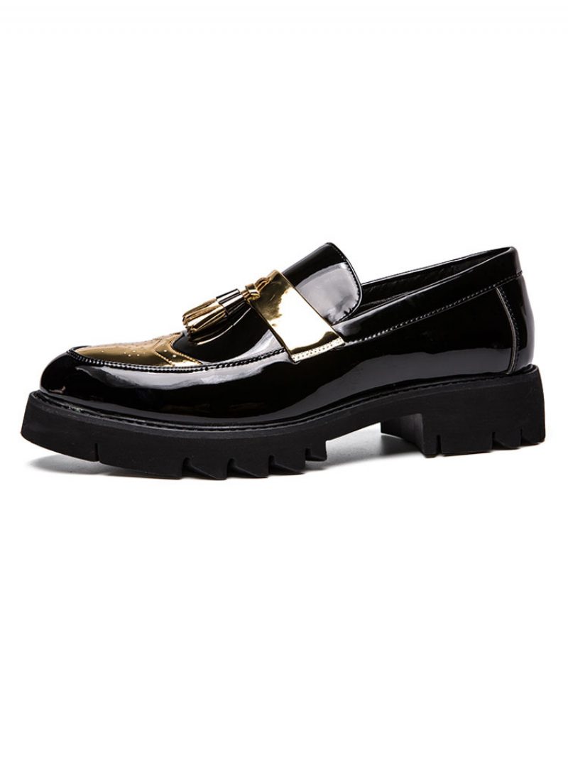 Herren-loafer-schuhe Aus Hellem Leder Mit Plateau-flügelspitze Und Quaste - Gold