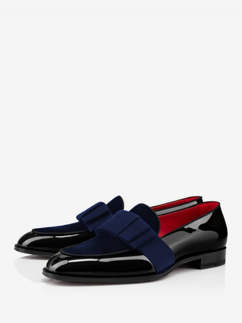 Herren-loafer-schuhe Aus Lackleder Mit Schleifen-kunstwerk Slip-on-schuhe Für Den Abschlussball Und Hochzeit - Tiefblau