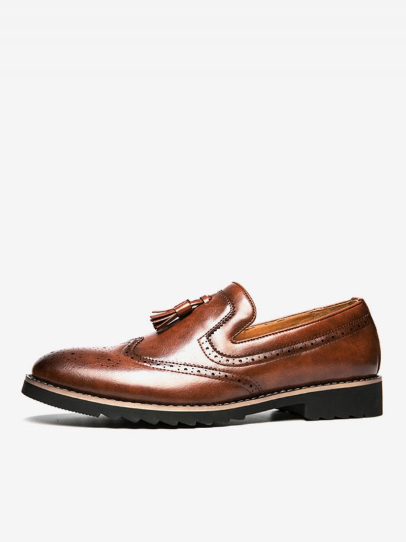 Herren-loafer-schuhe Zum Hineinschlüpfen Mit Bommeln Und Runder Spitze Aus Pu-leder - Kaffeebraun