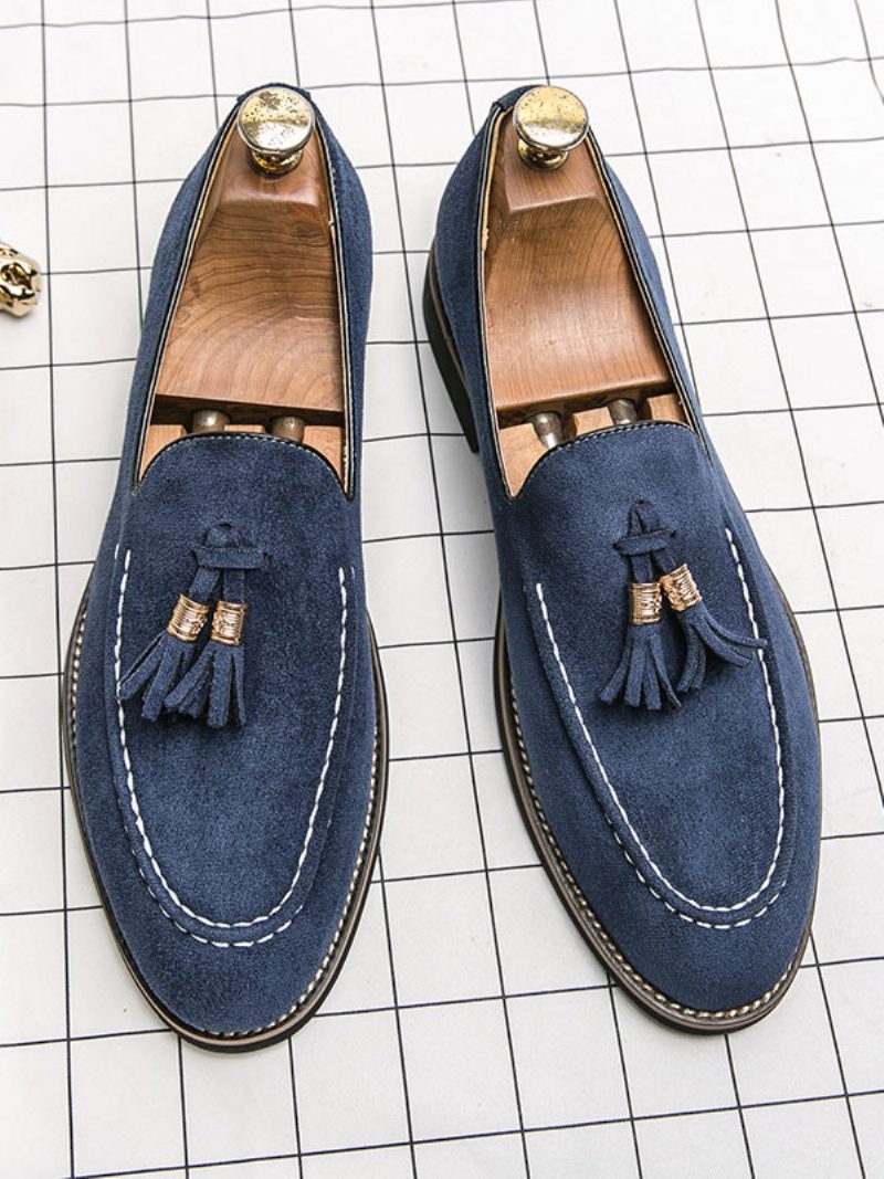 Herren-loafer-schuhe Zum Hineinschlüpfen Mit Bommeln Und Runder Spitze Aus Pu-leder - Blau