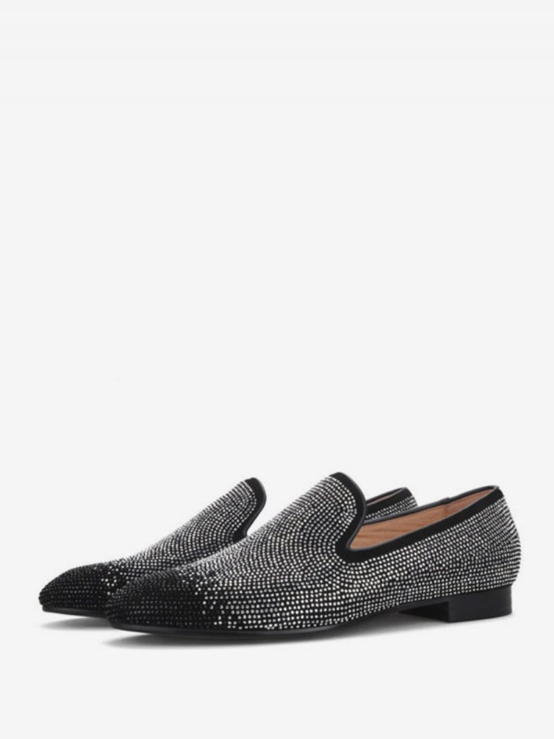 Herren-loafer Schwarz Und Silber Kristall-strasssteine Slipper Runde Zehenpartie Wildleder-obermaterial Abschlussball Party Hochzeit