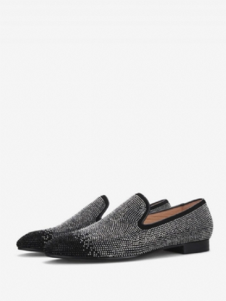 Herren-loafer Schwarz Und Silber Kristall-strasssteine Slipper Runde Zehenpartie Wildleder-obermaterial Abschlussball Party Hochzeit