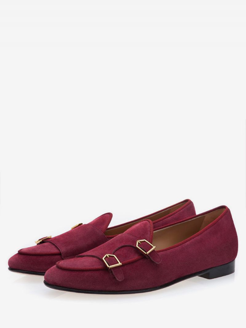 Herren-slipper Aus Wildleder Mit Monk-riemen Khakifarben Für Kleid Abschlussball Hochzeit - Burgund