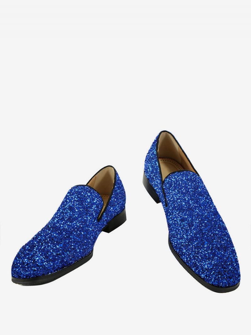 Herren-slipper Blau Glitzernde Pailletten Runde Zehenpartie Slip-on-schuhe Für Abschlussball Party Hochzeit