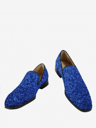 Herren-slipper Blau Glitzernde Pailletten Runde Zehenpartie Slip-on-schuhe Für Abschlussball Party Hochzeit