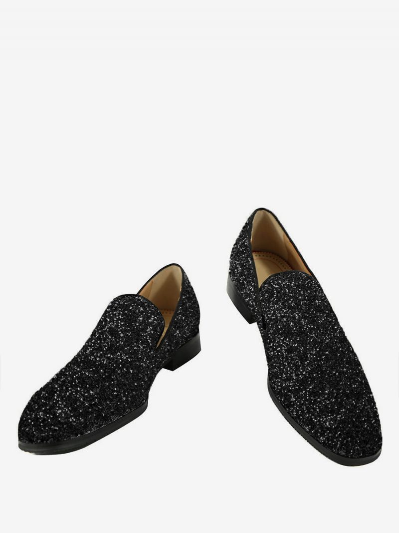 Herren-slipper Blau Glitzernde Pailletten Runde Zehenpartie Slip-on-schuhe Für Abschlussball Party Hochzeit - Schwarz