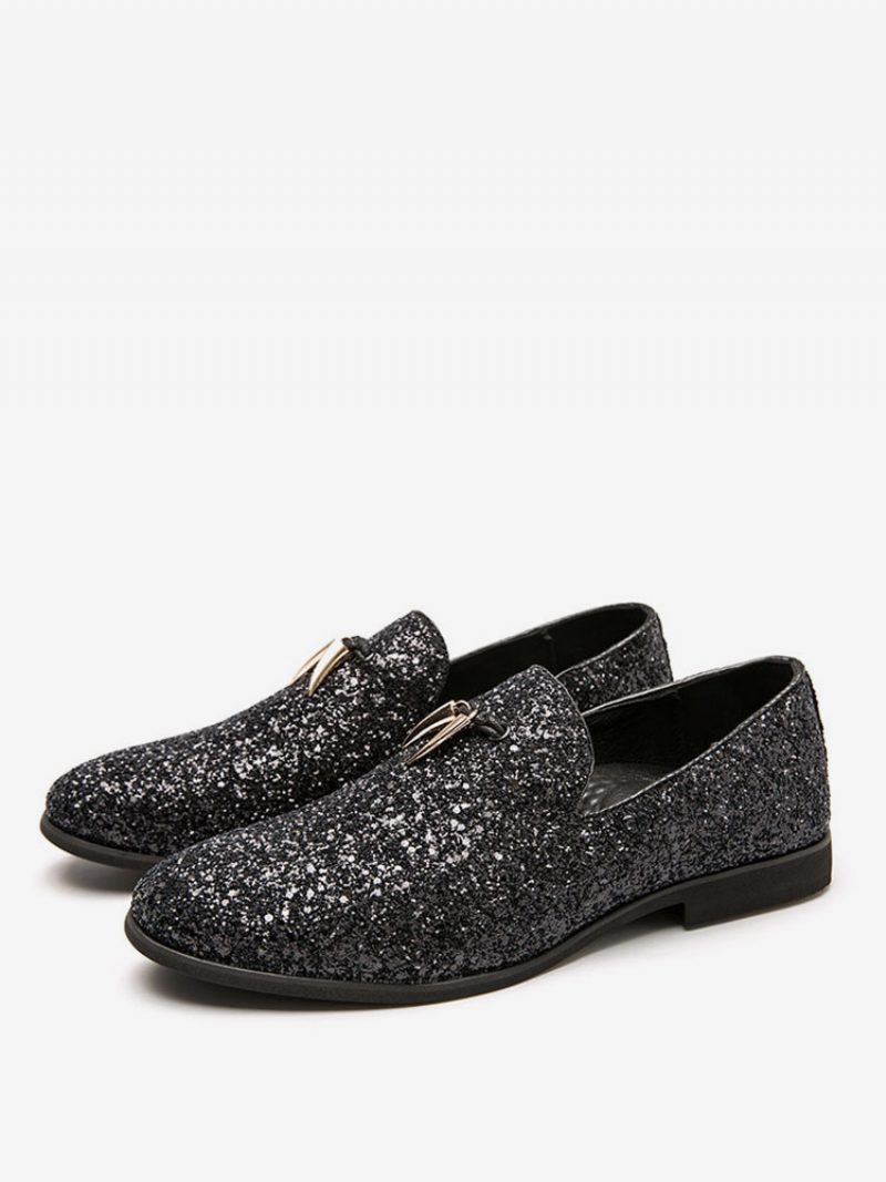 Herren-slipper Für Abschlussball Party Hochzeit Schwarz Glitzer Slip-on Runde Zehenpartie Kleid