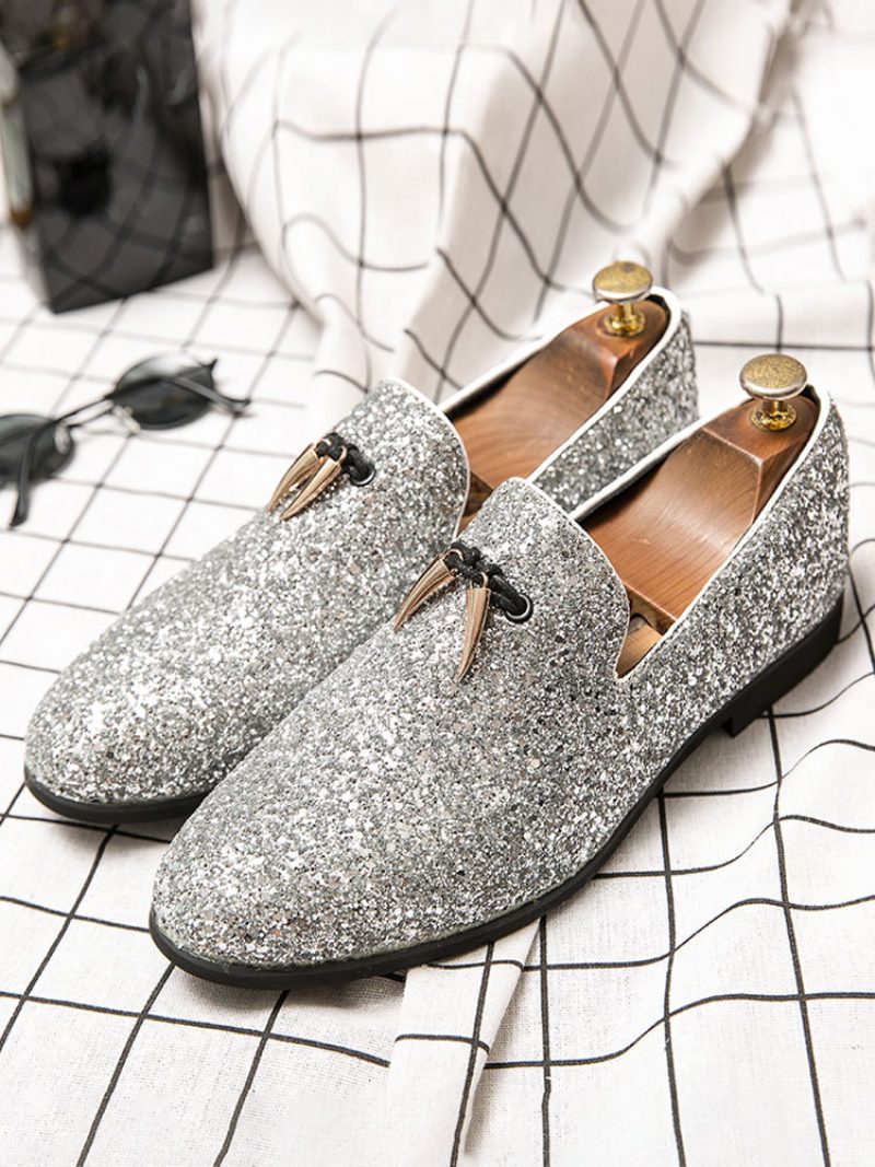 Herren-slipper Für Abschlussball Party Hochzeit Schwarz Glitzer Slip-on Runde Zehenpartie Kleid - Silber