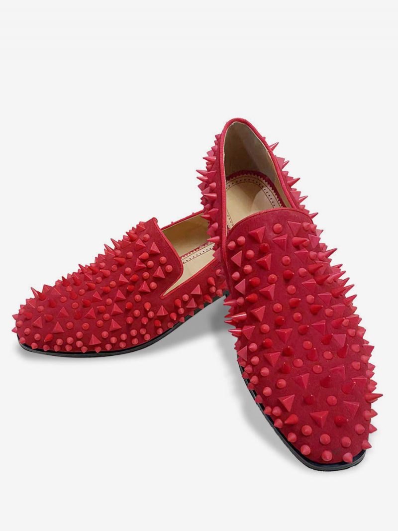 Herren-slipper Schwarz Glänzende Nieten Glitzer Handgefertigte Spike-slipper Runde Zehenpartie Abschlussball Party Hochzeit - Rot