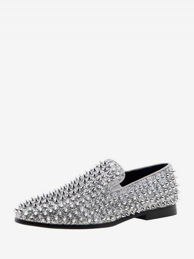 Loafer-schuhe Für Herren Mit Pailletten Glitzer Spikes Nieten Slip-on Abschlussball Party Hochzeit - Silber