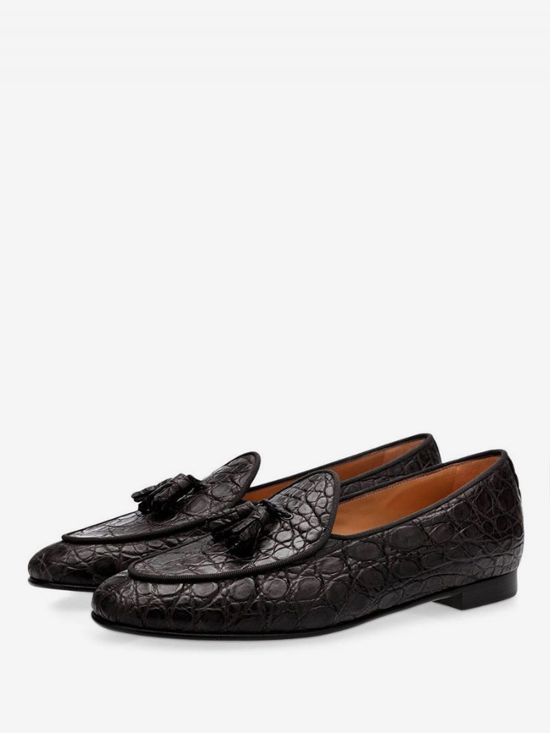 Schwarze Herren-loafer Mit Quaste Steinmuster Runde Zehenpartie Slip-on-schuhe Für Abschlussball Hochzeitskleid Party Hochzeit