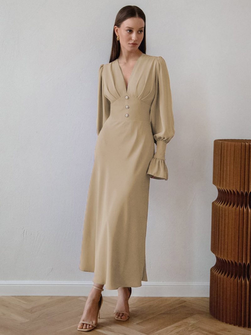 Damen-chiffon-midikleid V-ausschnitt Laternenärmel Knöpfe Einfarbig - Khaki