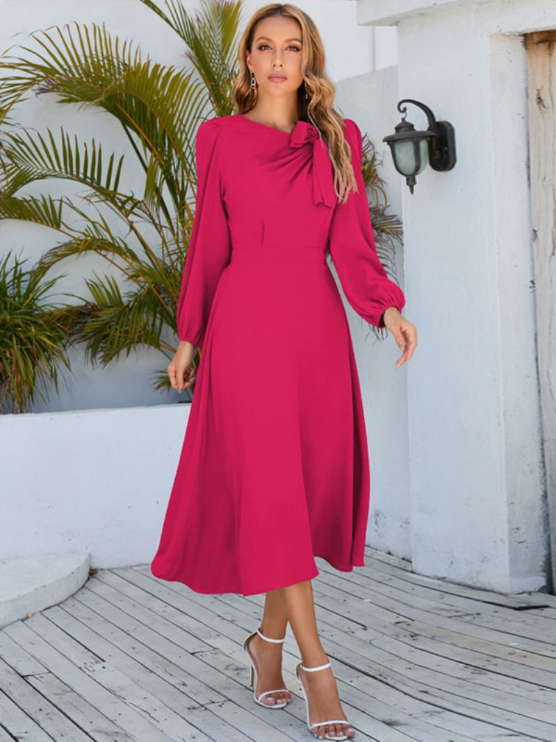 Damen-maxikleid Mit Juwelenausschnitt Langen Ärmeln Langes Kleid - Rose