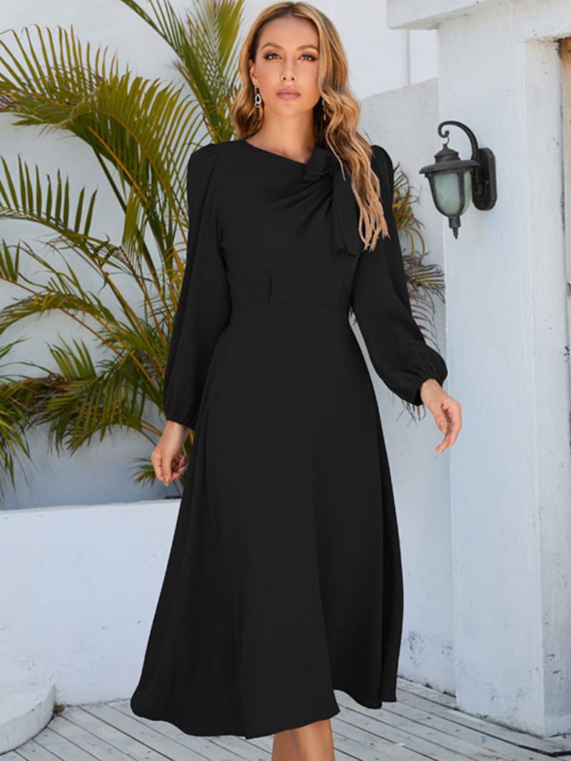 Damen-maxikleid Mit Juwelenausschnitt Langen Ärmeln Langes Kleid - Schwarz