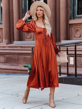 Damen-maxikleid Quadratischer Ausschnitt Lange Ärmel Orange-rotes Bodenlanges Kleid