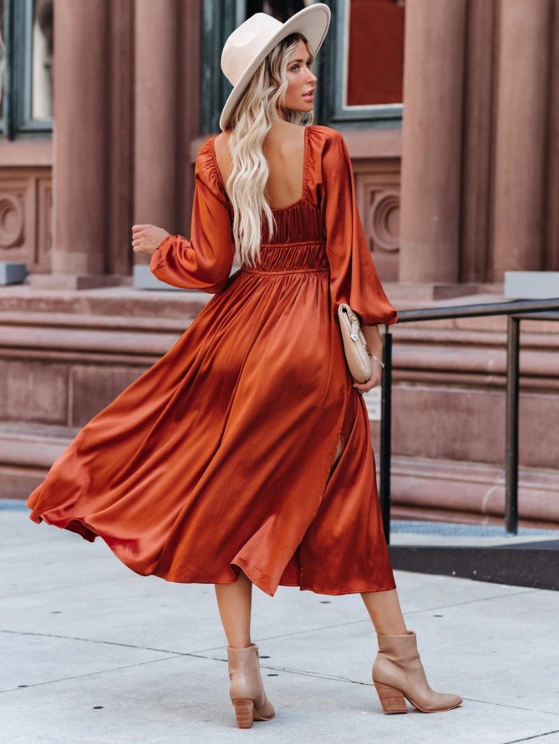 Damen-maxikleid Quadratischer Ausschnitt Lange Ärmel Orange-rotes Bodenlanges Kleid - Orange Rot