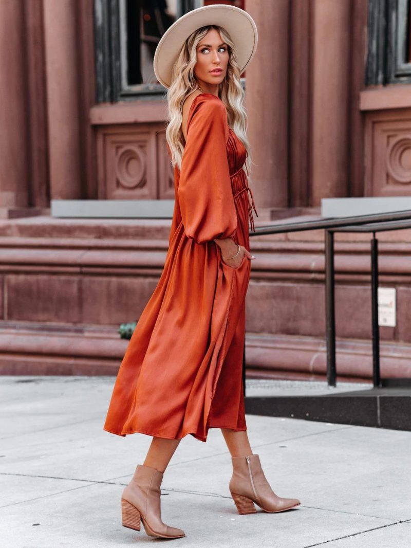 Damen-maxikleid Quadratischer Ausschnitt Lange Ärmel Orange-rotes Bodenlanges Kleid - Orange Rot