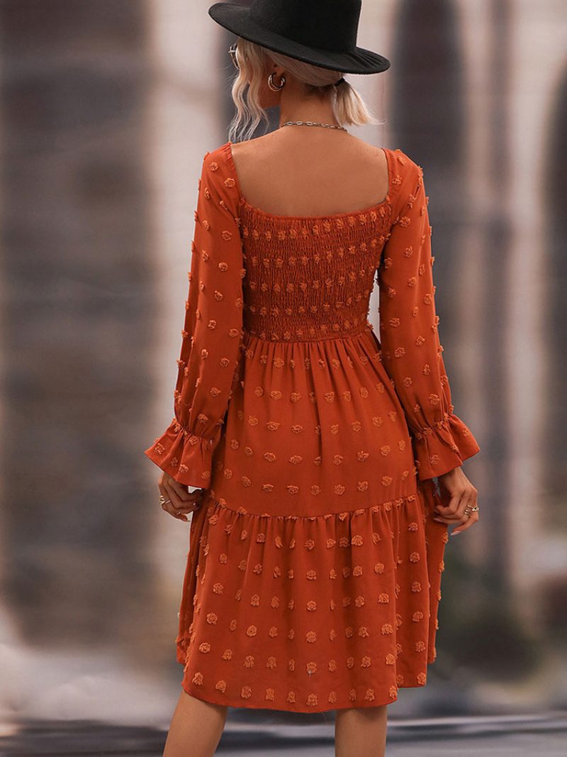 Damen-midikleid Aus Chiffon Lässig Quadratischer Ausschnitt Lange Ärmel - Orange