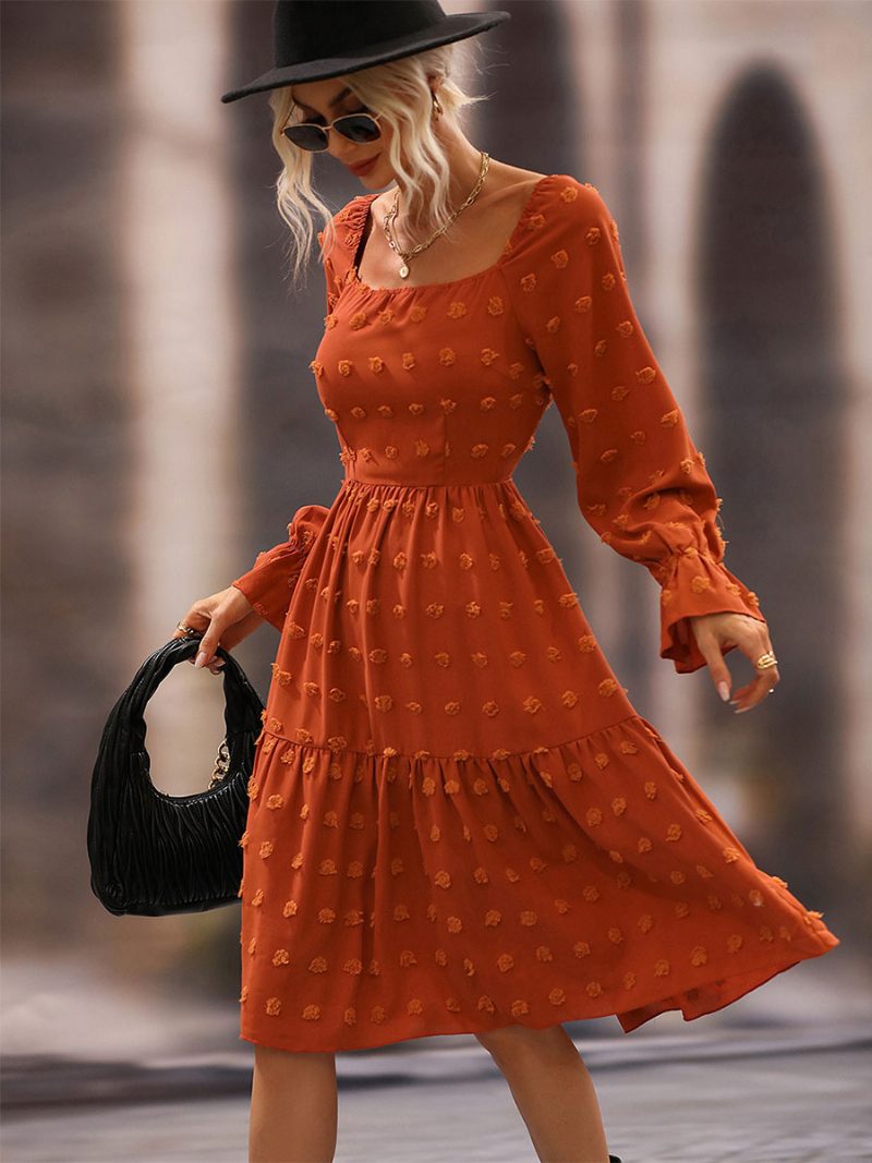 Damen-midikleid Aus Chiffon Lässig Quadratischer Ausschnitt Lange Ärmel - Orange