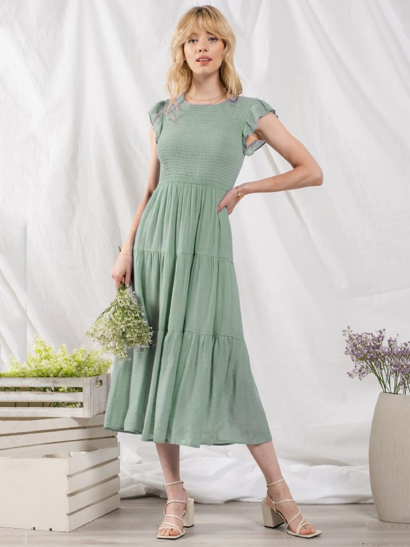 Damen-partykleid Baumwollmischung Lässig Juwel-ausschnitt Kurze Ärmel Sommer-midikleid