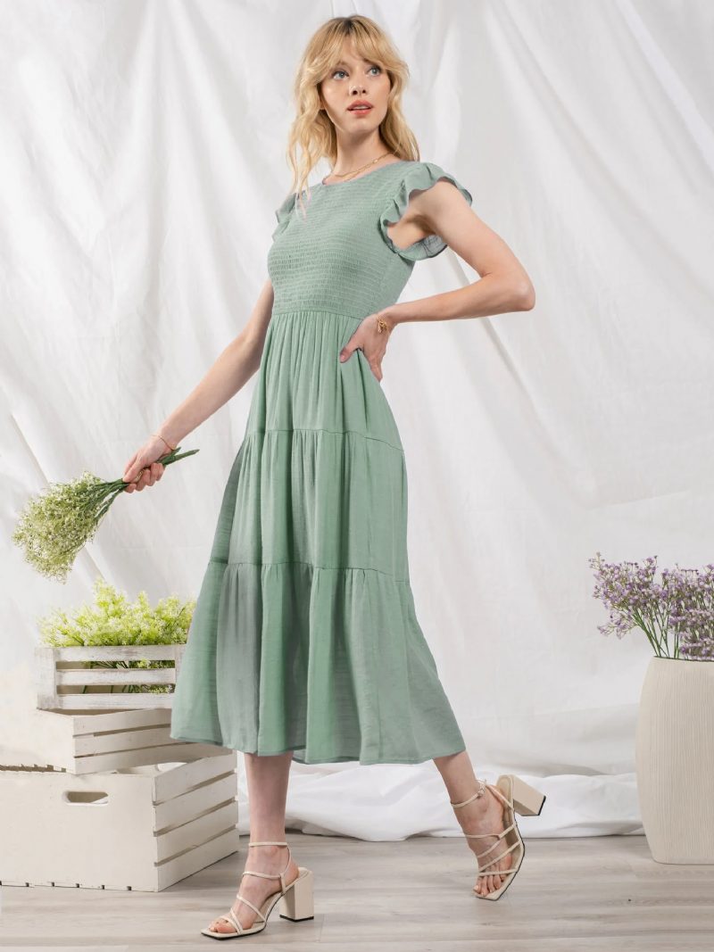 Damen-partykleid Baumwollmischung Lässig Juwel-ausschnitt Kurze Ärmel Sommer-midikleid - Grün