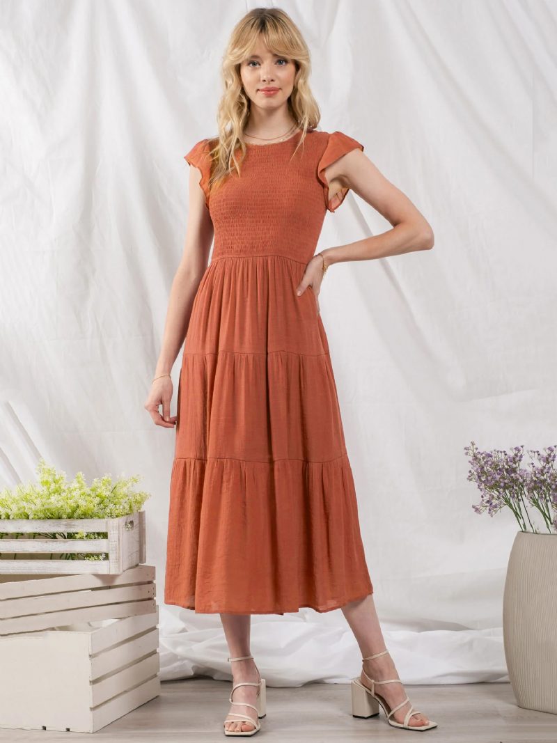 Damen-partykleid Baumwollmischung Lässig Juwel-ausschnitt Kurze Ärmel Sommer-midikleid - Orange