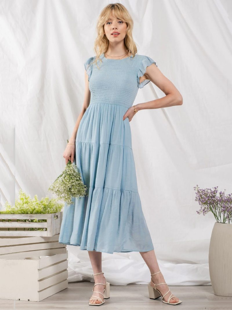 Damen-partykleid Baumwollmischung Lässig Juwel-ausschnitt Kurze Ärmel Sommer-midikleid - Helles Himmelblau