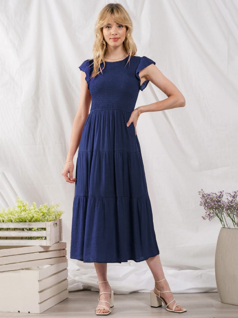 Damen-partykleid Baumwollmischung Lässig Juwel-ausschnitt Kurze Ärmel Sommer-midikleid - Dunkles Marineblau