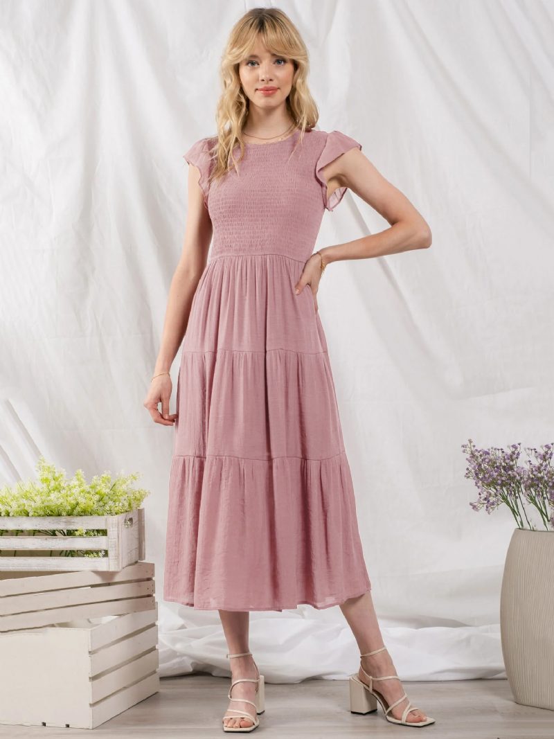 Damen-partykleid Baumwollmischung Lässig Juwel-ausschnitt Kurze Ärmel Sommer-midikleid - Rosa