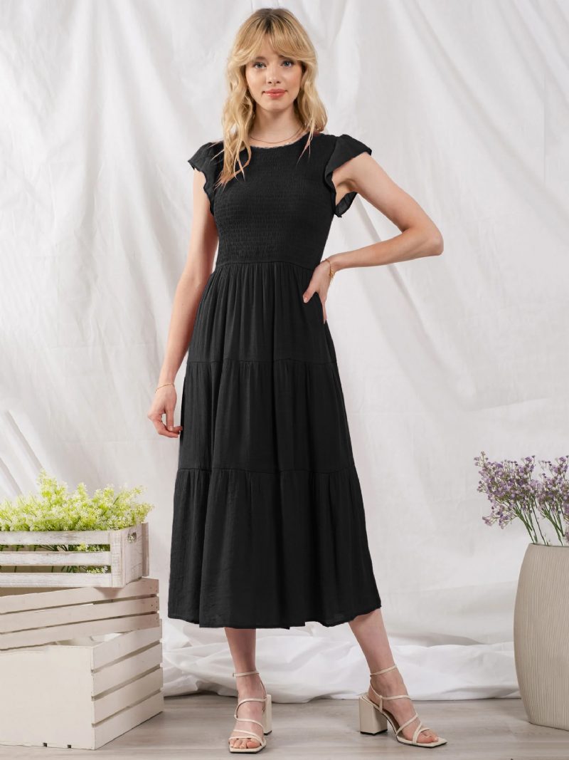 Damen-partykleid Baumwollmischung Lässig Juwel-ausschnitt Kurze Ärmel Sommer-midikleid - Schwarz