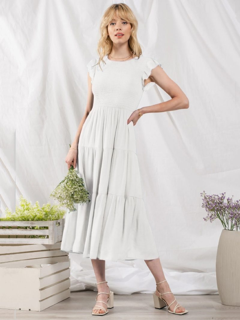 Damen-partykleid Baumwollmischung Lässig Juwel-ausschnitt Kurze Ärmel Sommer-midikleid - Weiß