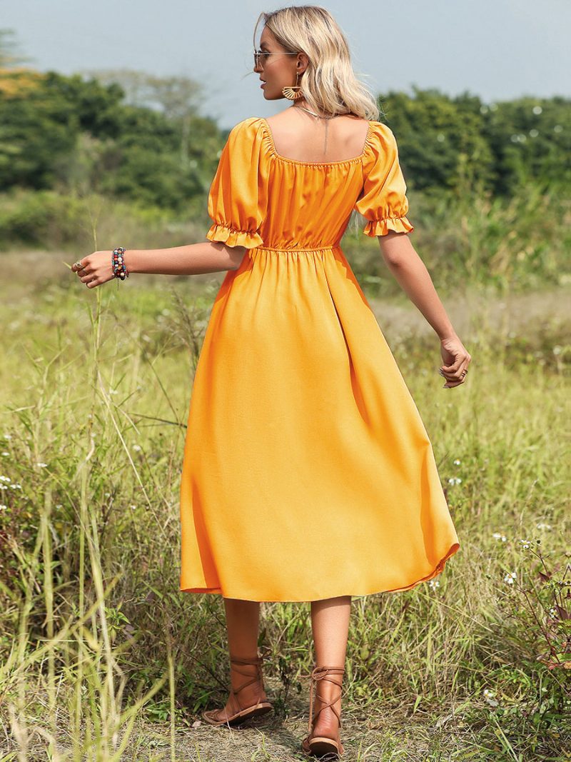 Damen-sommerkleid Herzförmiger Ausschnitt Plissiert Geknotet Pastellgrün Mittelgroßes Strandkleid - Gelb