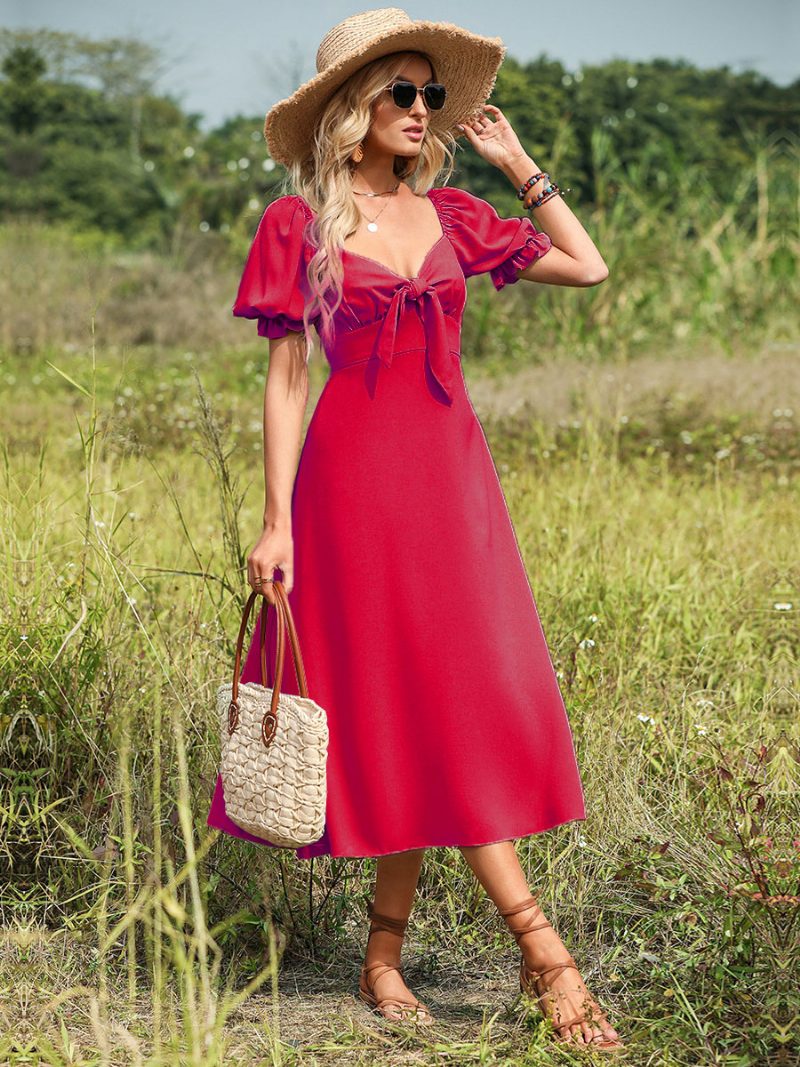 Damen-sommerkleid Herzförmiger Ausschnitt Plissiert Geknotet Pastellgrün Mittelgroßes Strandkleid - Rot