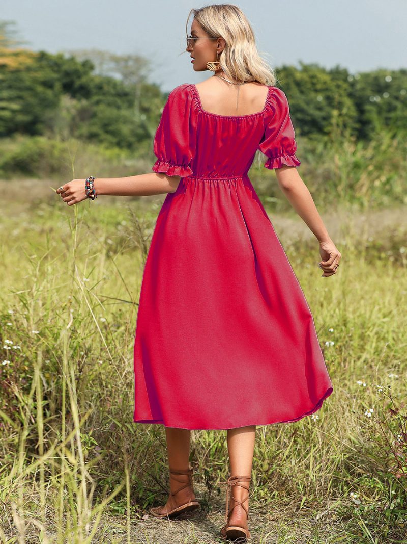 Damen-sommerkleid Herzförmiger Ausschnitt Plissiert Geknotet Pastellgrün Mittelgroßes Strandkleid - Rot