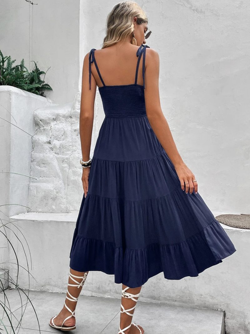 Damen-sommerkleid Träger-ausschnitt Schnürung Marineblau Mittelgroßes Strandkleid - Marineblau