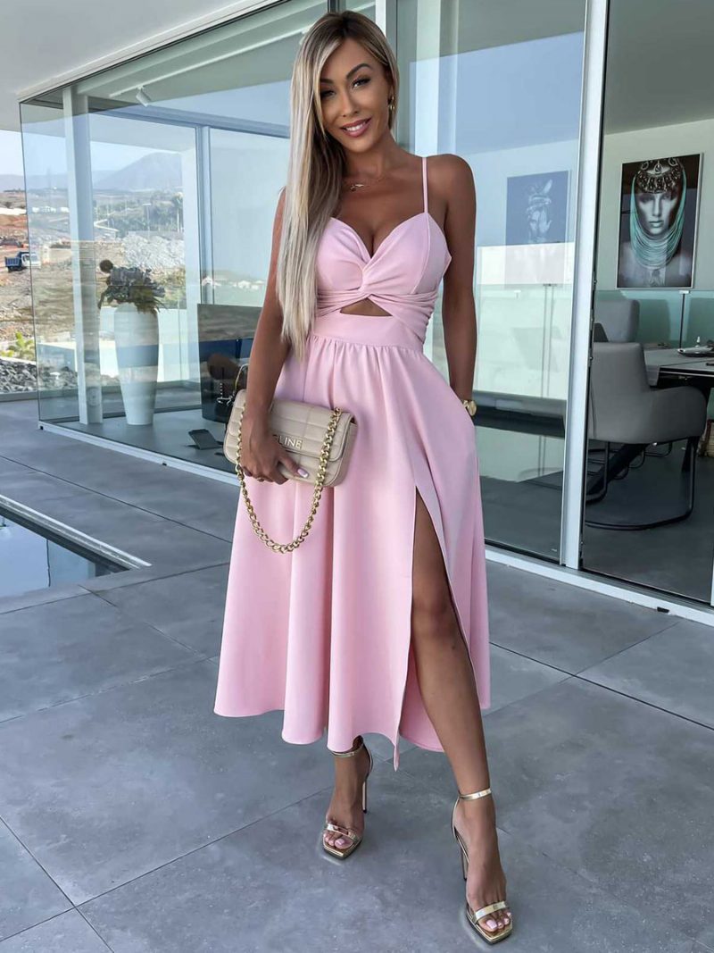 Damen-sommerkleid V-ausschnitt Plissiert Rosa Mittelgroßes Strandkleid - Zartrosa