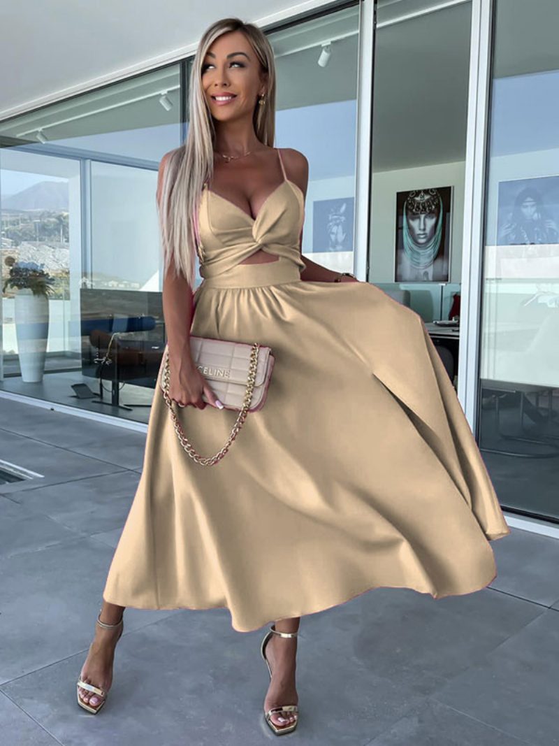 Damen-sommerkleid V-ausschnitt Plissiert Rosa Mittelgroßes Strandkleid - Khaki