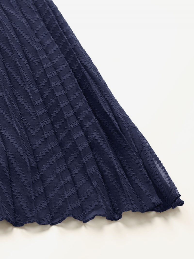 Damenkleid Mit V-ausschnitt Langen Ärmeln Plissiertem Reißverschluss Und Ausgestelltem Midikleid - Dunkles Marineblau