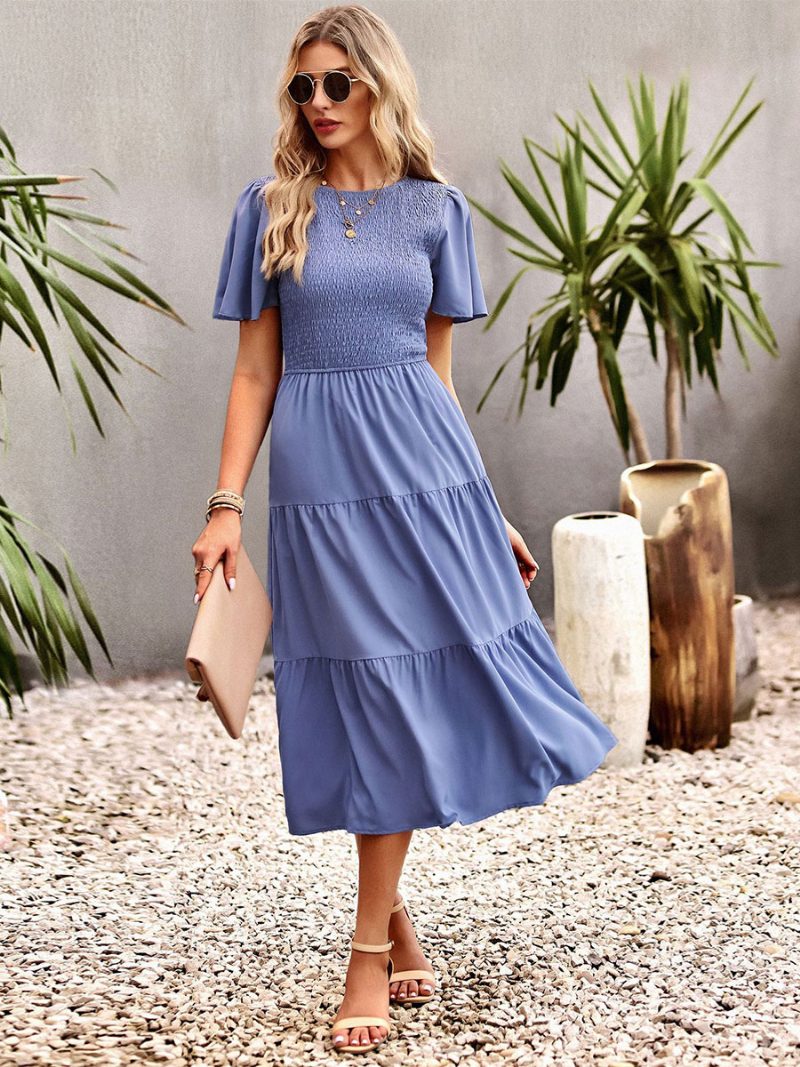 Lässiges Damen-midikleid Mit Juwelenausschnitt Und Kurzen Ärmeln - Blau