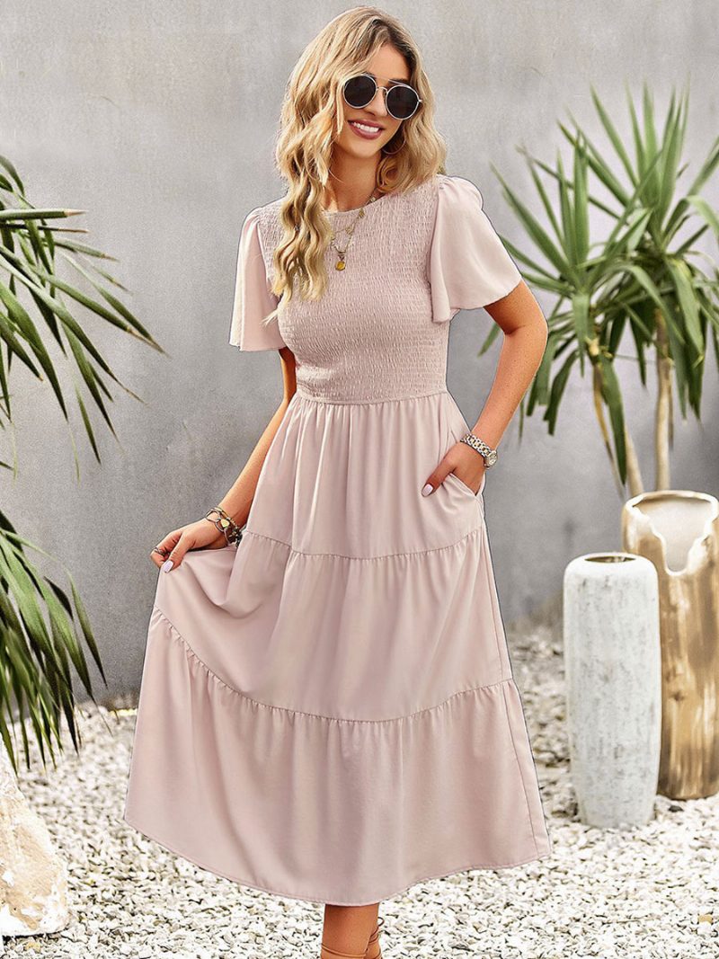 Lässiges Damen-midikleid Mit Juwelenausschnitt Und Kurzen Ärmeln - Rosa