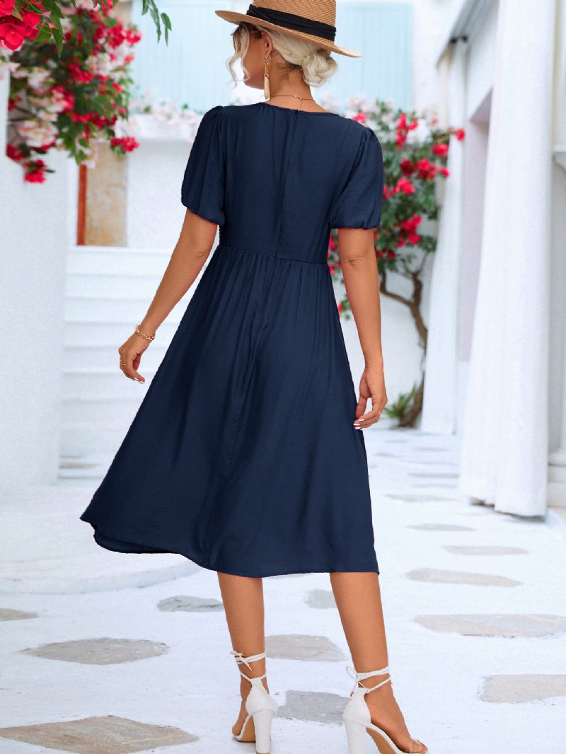 Lässiges Plissiertes Damen-midikleid Mit V-ausschnitt Und Kurzen Ärmeln - Dunkles Marineblau