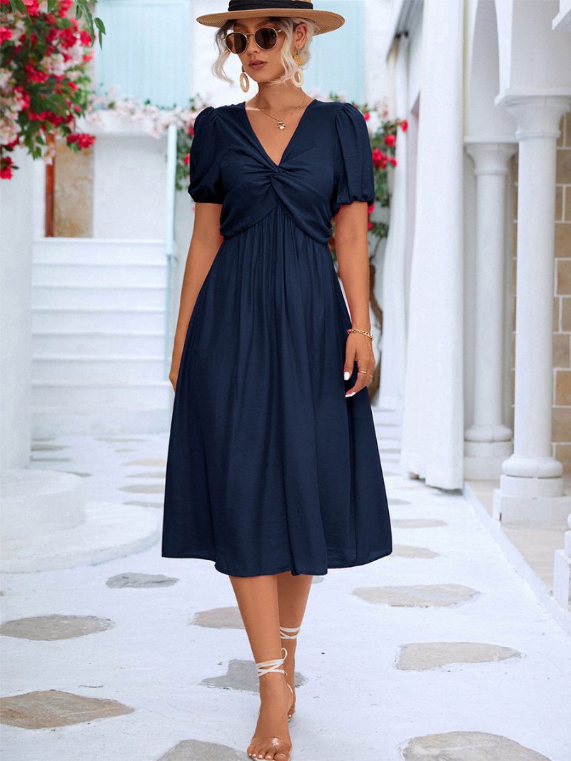 Lässiges Plissiertes Damen-midikleid Mit V-ausschnitt Und Kurzen Ärmeln - Dunkles Marineblau