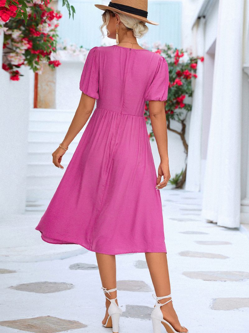 Lässiges Plissiertes Damen-midikleid Mit V-ausschnitt Und Kurzen Ärmeln - Rose