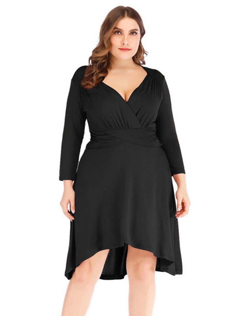 Plus-size-kleid Für Damen Schwarz V-ausschnitt 3/4-länge T-shirt-ärmel Knielanges Übergroßes Kleid