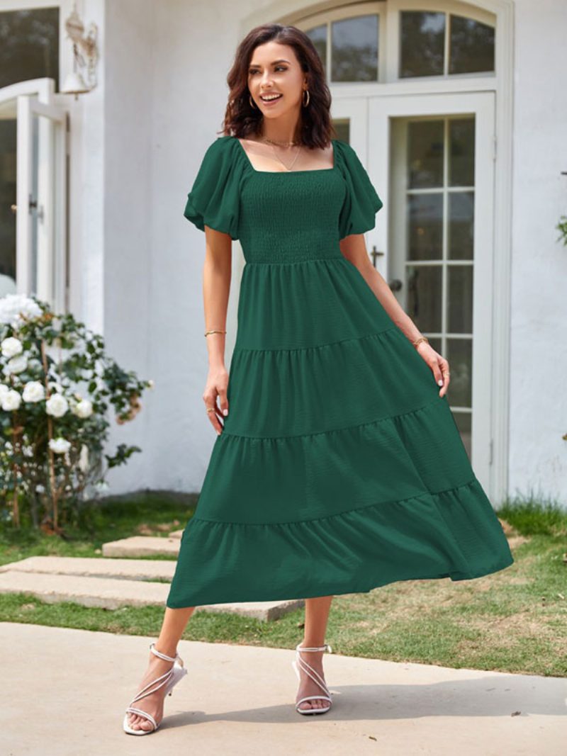 Sommer-midikleid Für Damen Rosafarbenes Plissiertes Strandkleid Mit Bateau-ausschnitt - Grün