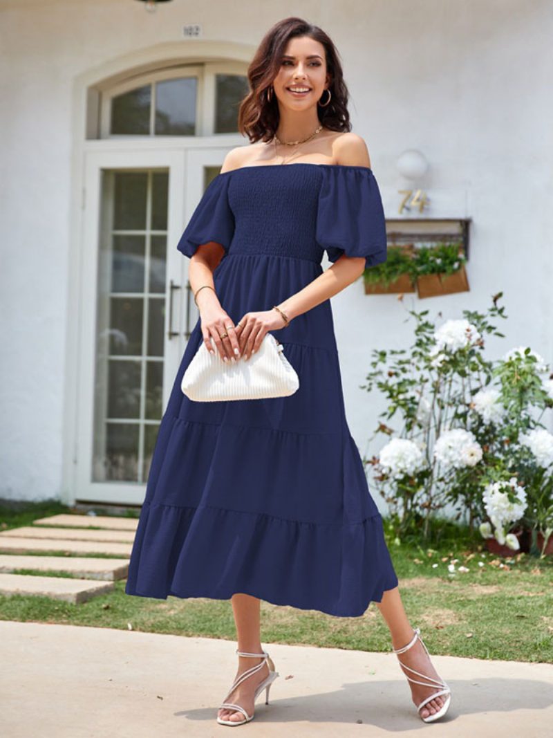 Sommer-midikleid Für Damen Rosafarbenes Plissiertes Strandkleid Mit Bateau-ausschnitt - Dunkles Marineblau