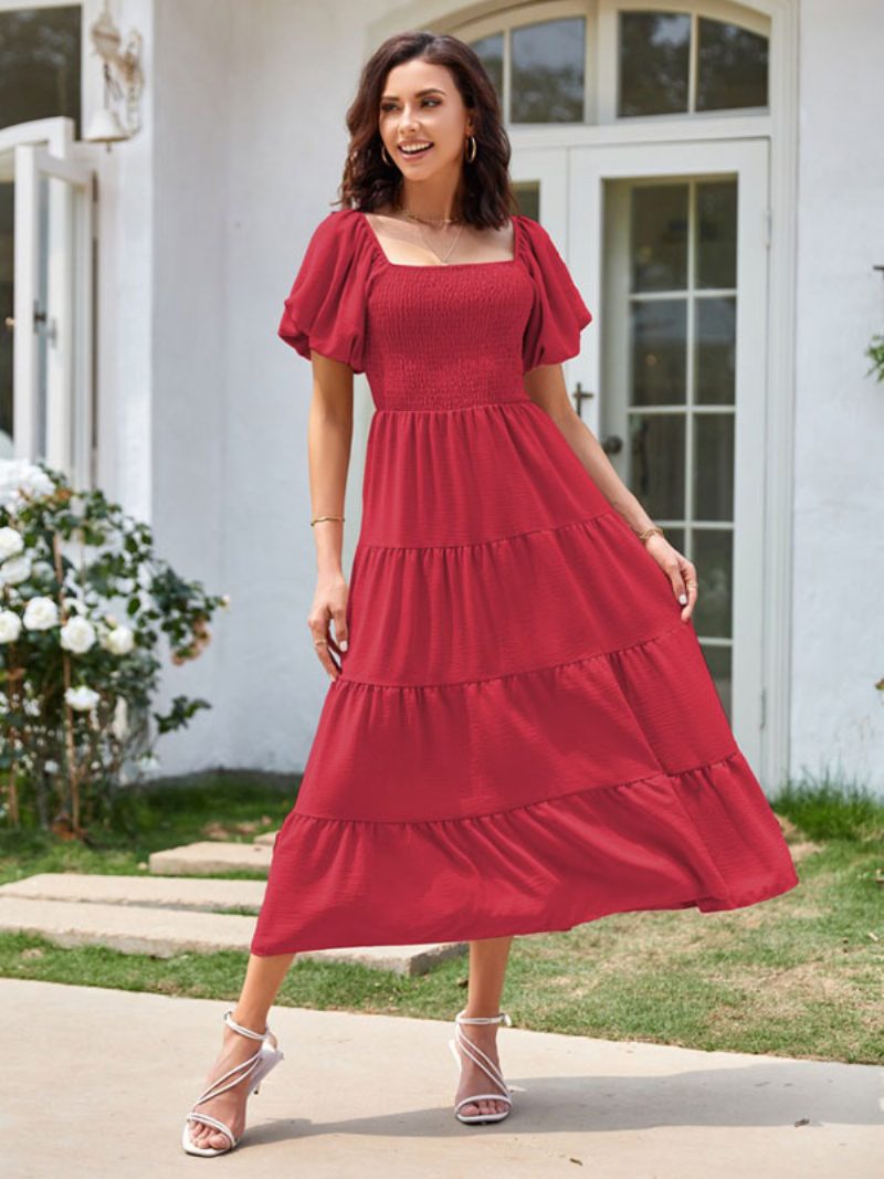 Sommer-midikleid Für Damen Rosafarbenes Plissiertes Strandkleid Mit Bateau-ausschnitt - Rot