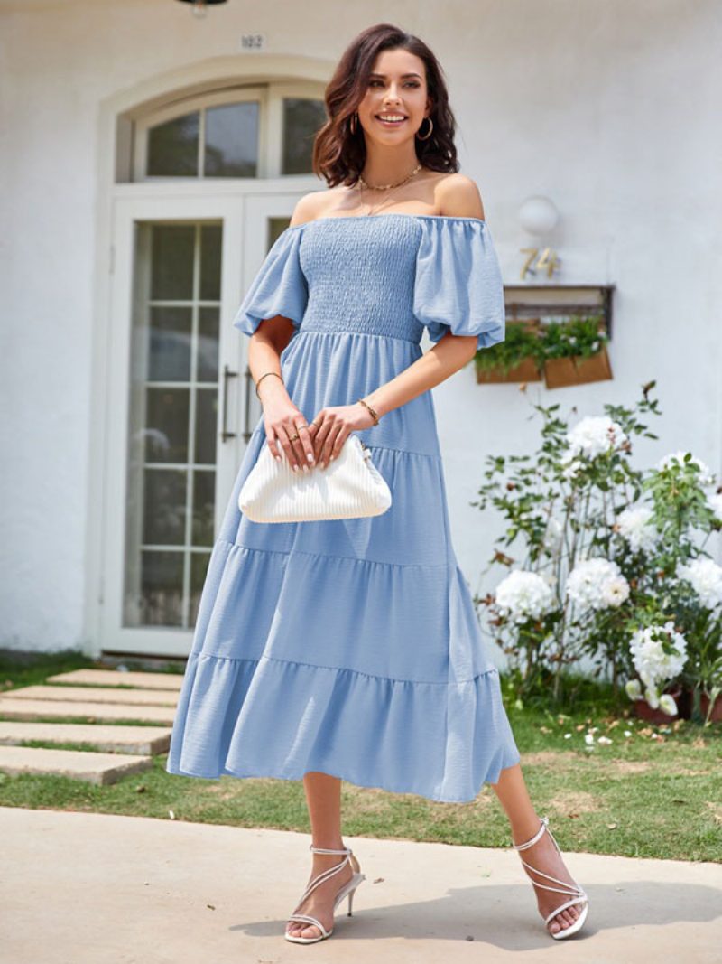 Sommer-midikleid Für Damen Rosafarbenes Plissiertes Strandkleid Mit Bateau-ausschnitt - Helles Himmelblau