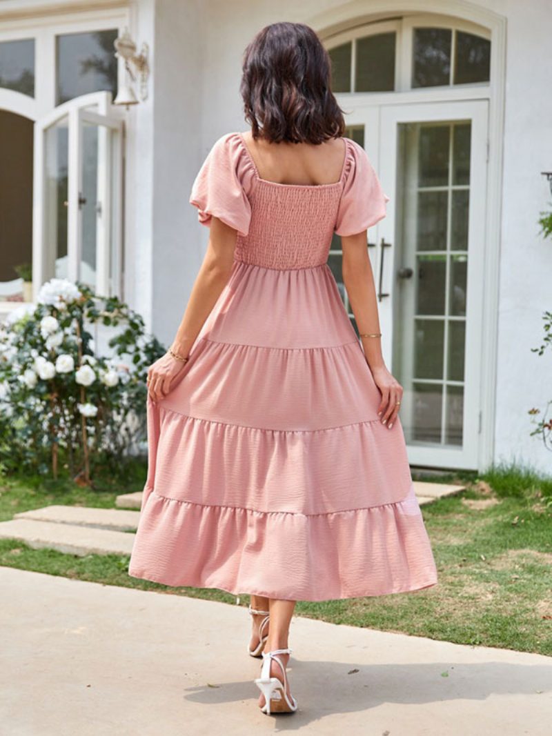 Sommer-midikleid Für Damen Rosafarbenes Plissiertes Strandkleid Mit Bateau-ausschnitt - Rosa