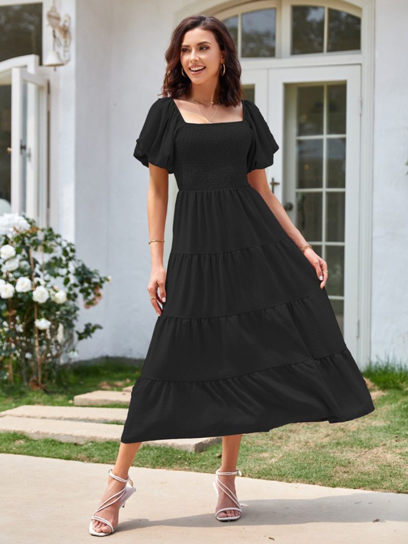 Sommer-midikleid Für Damen Rosafarbenes Plissiertes Strandkleid Mit Bateau-ausschnitt - Schwarz